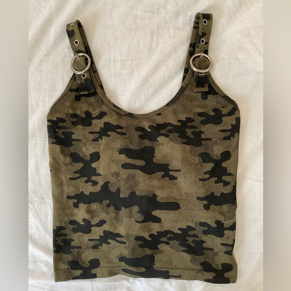 Suzette Camouflage Tank Top Buckle Strap Adjustable Stretchable Top Size S/M
